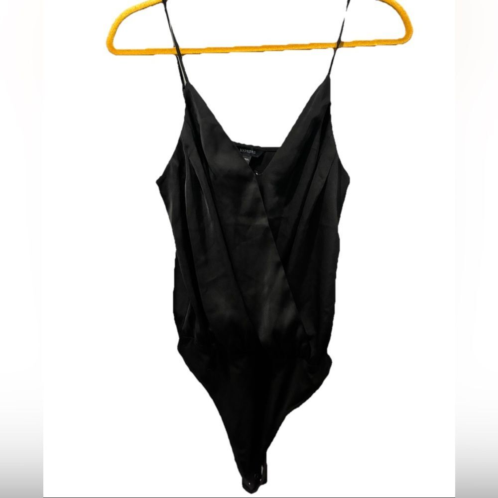 Express Satin Surplice Bodysuit | Black V-Neck | Small